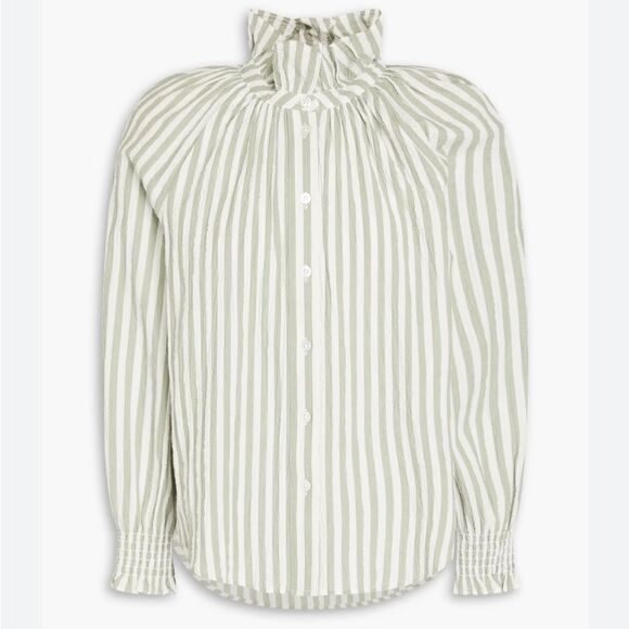 Veronica Beard NWT Calisto Green & Cream Striped Ruffle Collar Shirt $298 - Picture 5 of 12